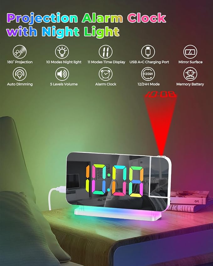SZELAM Projection Alarm Clock,7.4" LED Mirror Digital Clocks Large Display,with 180° Rotatable Projector,RGB Night Light,USB C Port,Auto Dimming,Modern Desk Clock for Bedroom Decor - White - Image 2