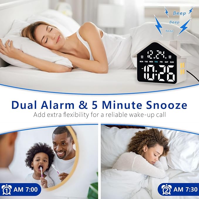 Plumeet Digital Alarm Clock, Bedroom Clock with Large Numbers, Date, Week, Dual Alarms, Dimmer and Ambient Light, House-Shaped Electric Bedside Desk Clock, Adapter Batteries Powered, White - Image 4