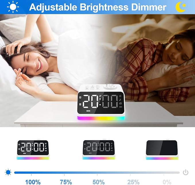JALL Digital Alarm Clock with FM Radio for Bedroom, 8 Colors Night Light with 2 Charging Port, Sleep Sound Machines with Timer, Dual Alarm, Loud Alarm and Easy to Use for Seniors as Gift - Image 5