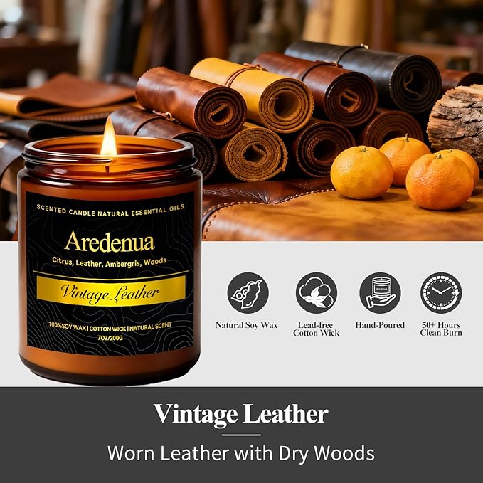 Vintage Leather Scented Candle - Masculine Luxury Soy Candle for Home, Hand Poured Candle Gift for Women & Men, Long Lasting Masculine Leather Scent - Vintage Inspired Home Fragrance