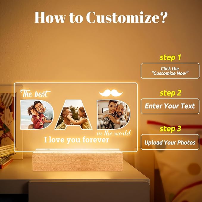 Personalized Gifts for Dad, Custom Picture Frames with Photo, Personalized Photo Frame with Night Light, Customized Birthday Gifts for Dad
