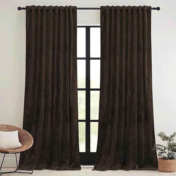 RYB HOME Brown Velvet Curtains 72 inches with Hook Belt, Soft Fabric Room Darkening Thermal Insulated Luxurious Home Decor Curtains for Living Room Bedroom, W 42" x L 72", 2 Panels Set