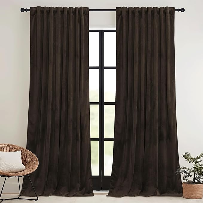 RYB HOME Brown Velvet Curtains 63 inches with Hook Belt, Soft Fabric Room Darkening Thermal Insulated Luxurious Home Decor Curtains for Living Room Bedroom, W 42" x L 63", 2 Panels Set
