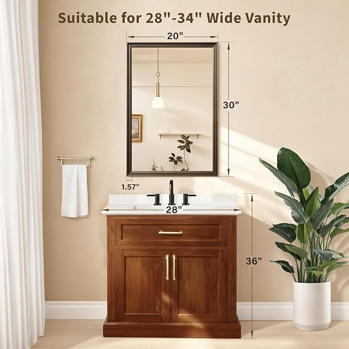 Retro Copper Effect Framed Wall Mirror, 20x30 Rectangle Mirror, Anti-desilvering Tempered Glass, Sustainable& Sturdy Frame, Farmhouse Mirror, Anti-Rust, 3min Fast Setup for Bathroom Living Room