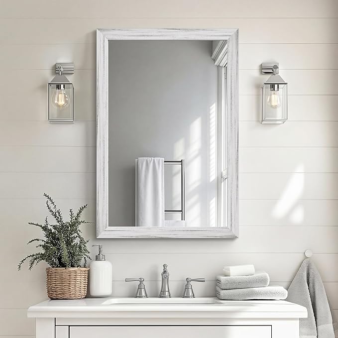 White Wood Effect Framed Wall Mirror, 20x30 Rectangle Mirror, Anti-desilvering Tempered Glass, Sustainable& Sturdy Frame, Farmhouse Mirror, Anti-Rust, 3min Fast Setup for Bathroom Living Room