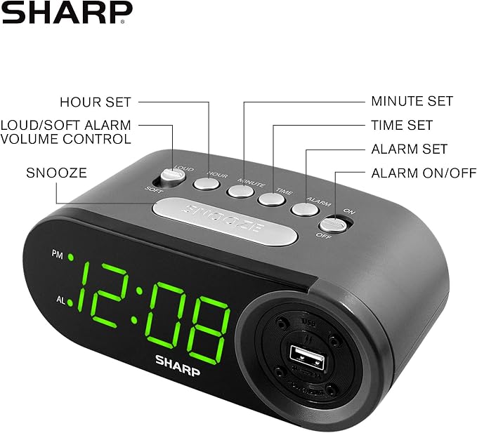 Sharp Digital Alarm Clock with 2A USB Charging and Green LED Display | 2A high-speed USB port; Easy-read green LEDs; Simple controls; Phone or tablet charging; Black - Image 4