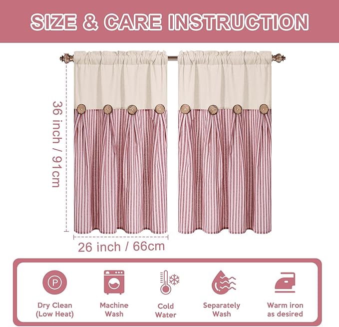 ASPMIZ Linen Kitchen Curtains 24 Inch Length, Farmhouse Boho Button Kitchen Window Curtain Over Sink, Red Stripe Short Curtains for Small Windows, Bathroom, Rod Pocket Window Treatment Tiers