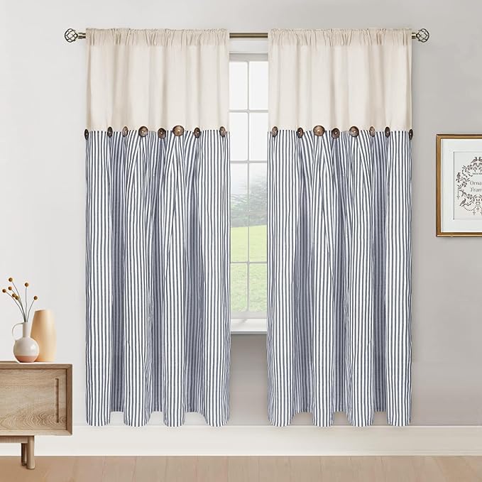 ASPMIZ Cotton Linen Farmhouse Curtains Boho Rustic Button Drapes, Linen Window Curtain Panels, Blue Stripe Country Curtains for Bedroom Living Room, Modern Rod Pocket Curtain 52 x 63 Inch, 2 Panels