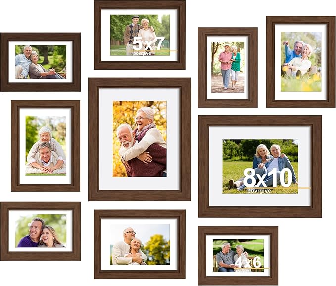 Picture Frames, Made of Real Glass and Wooden Frame, Gallery Photo Frames Set of 10 for Collage Wall Decor, Multi Sizes Including 8x10, 5x7, 4x6 for Mounting or Tabletop Display, Dark Brown