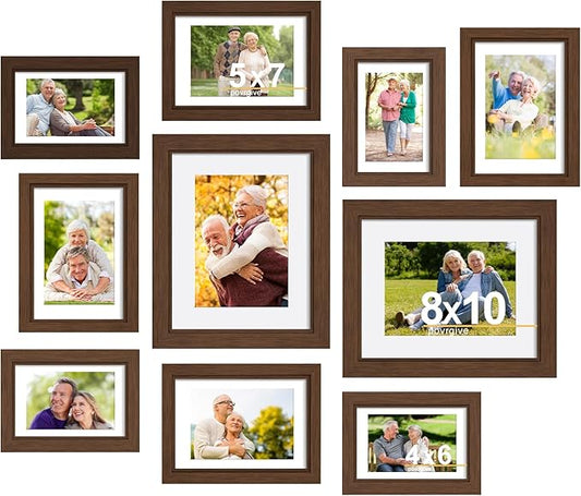 Picture Frames, Made of Real Glass and Wooden Frame, Gallery Photo Frames Set of 10 for Collage Wall Decor, Multi Sizes Including 8x10, 5x7, 4x6 for Mounting or Tabletop Display, Dark Brown