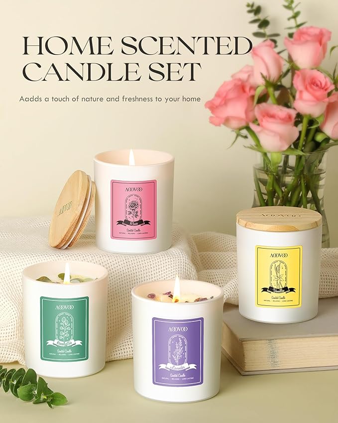 AOOVOO Rose/Vanilla/Eucalyptus/Lavender Scented Candles for Women - Aromatherapy Candle with Crystals Inside, 40oz Soy Candles for Home Scented, Birthday Gifts Mothers Day Candle for Women Mom