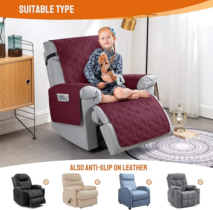 VANSOFY 100% Waterproof Recliner Chair Covers, Recliner Cover Non-Slip Dog Chair Cover Furniture Protector Washable Slipcover with Pocket, Elastic Straps for Pets, Dogs(Burgundy, 20")