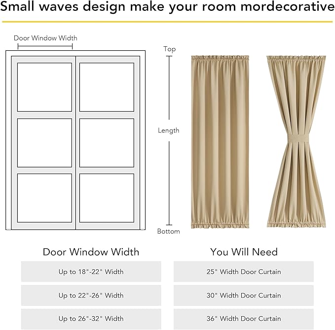 NICETOWN 100% Blackout French Door Curtains, Privacy Door Curtains for Window, 25 X 64 Inch Long Room Darkening Blinds, Thermal Insulated Window Shades for Bedroom, 1 Panel, Biscotti Beige