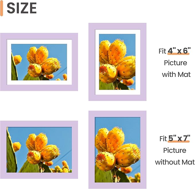upsimples 5x7 Picture Frame, Display Pictures 4x6 with Mat or 5 x 7 Without, Wall Hanging Photo Frames, Purple, 1 Pack