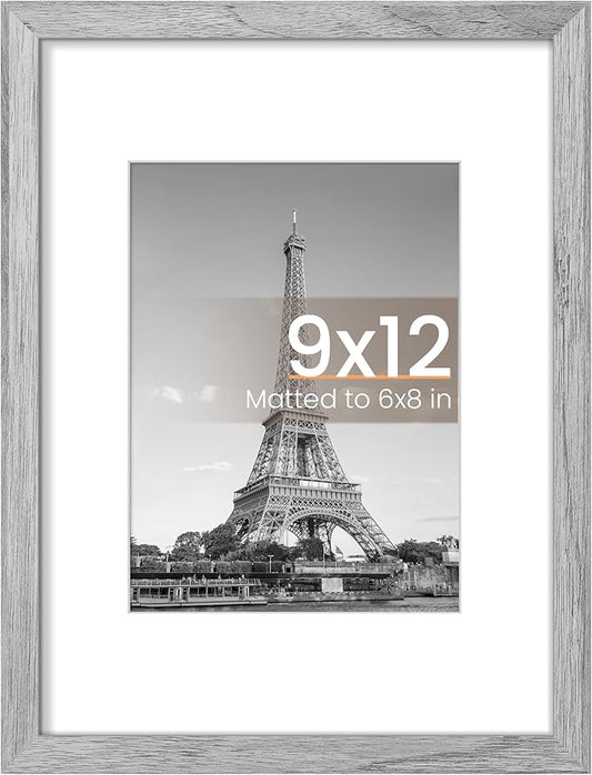 upsimples 9x12 Picture Frame, Display Pictures 6x8 with Mat or 9 x 12 Without, Wall Hanging Photo Frames, Gray, 1 Pack
