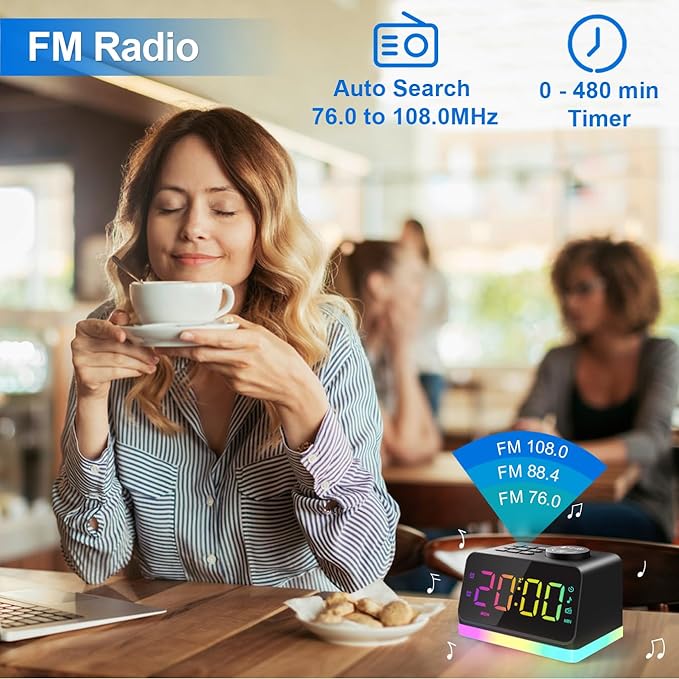 JALL Digital Alarm Clock with FM Radio for Bedroom, 8 Colors Night Light with Charging Port, Sleep Sound Machines with Timer, Dual Alarm (Black with RGB Font) - Image 3