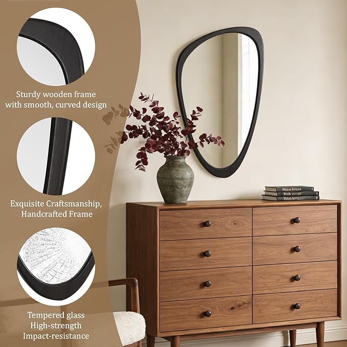 WallBeyond Asymmetrical Mirror, Irregular Wall Mirror, Wall Mirrors Decorative for Bedroom Living Room Entryway Hall, Wood Mirror for mid Century Modern Decor 30" H x 19" W, Dark Brown