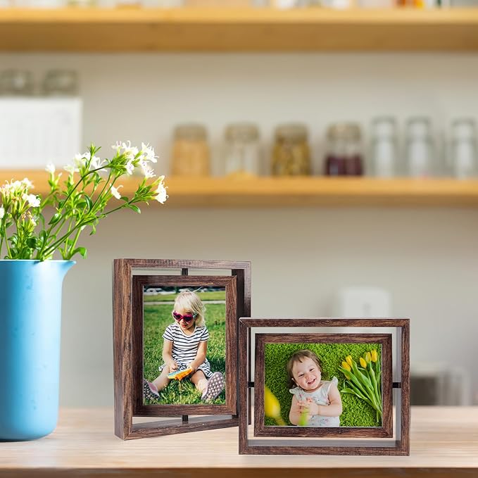 EXYGLO 2 Pack 4X6 Picture Frames Rotating Floating Photo Frame Wooden 2 Sided Frames for Vertical or Horizontal Tabletop Display