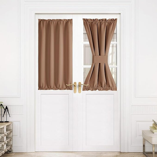 NICETOWN French Door Curtain for Door Window, Rod Pocket Thermal Short Curtain for Glass Patio Kitchen Window, 30 X 40 Inches Long, 1 Panel with Tieback, Cappuccino