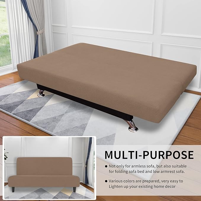 Easy-Going Stretch Futon Slipcover Armless Futon Bed Cover Furniture Protector Without Armrests with Elastic Bottom for Kids, Soft Jacquard Fabric Small Checks (Medium, Camel)