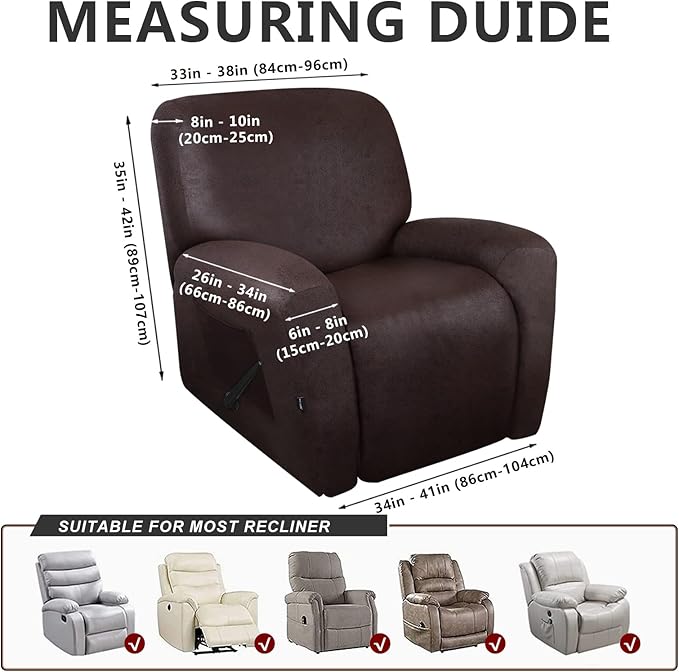 ANARACHON Leather Look Recliner Chair Covers Stay in Place 4-Piece Recliner Slipcovers for Reclining Chair Furniture Protector Spandex Fabric Washable (X-Large, Chocolate)