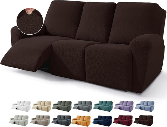 JIVINER 8-Piece Recliner Sofa Covers Stretch Jacquard Couch Covers for Recliner Slipcovers for Living Room 3 Cushion Soft Recliner Protector with Pocket (Sofa Recliner, Dark Coffee)