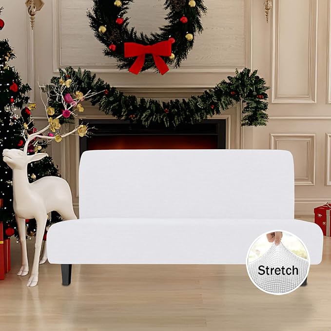 Easy-Going Stretch Sofa Slipcover Armless Sofa Cover Furniture Protector Without Armrests Slipcover Soft with Elastic Bottom for Kids, Spandex Jacquard Fabric Small Checks(futon,Snow White)