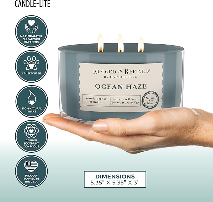 Candle-Lite Scented Candles for Men, Ocean Haze Fragrance, 16.25 oz Jar, 3-Wick, 51 Hours of Burn Time, Masculine Aromatherapy with Long Lasting Scent, Ideal Gift for Father's Day and Home Decor