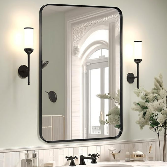 Wall Mount Mirror for Bathroom, Brush Black Metal Framed Rounded Corner Rectangular Vanity Mirror (20" x 30", Black)