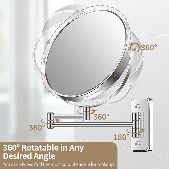 BTremary 8” Wall Mounted Magnifying Makeup Mirror 1X/7X Wall Mount Mirror Swing Arm Two-Sided 360° Swivel Bathroom Shaving Mirror for Men and Women in Hotel/Home, Chrome