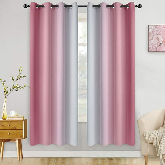 COSVIYA Grommet Ombre Room Darkening Curtains 72 inch Length 2 Panels, Pink and Grayish White Light Gradient Drapes Blocking Insulated Thermal Window Curtains for Bedroom/Living Room,52x72 inches
