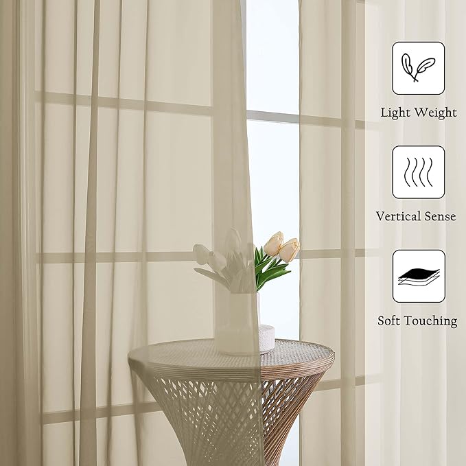 Lecloud Taupe Sheer Curtains 120 Inches Long 2 Panels Set, Rod Pockets Light Filtering Curtains for Living Room Bedroom Dining Room, Solid Color Airy Voile Rustic Drapes, Each Panel 59" W x 120" L