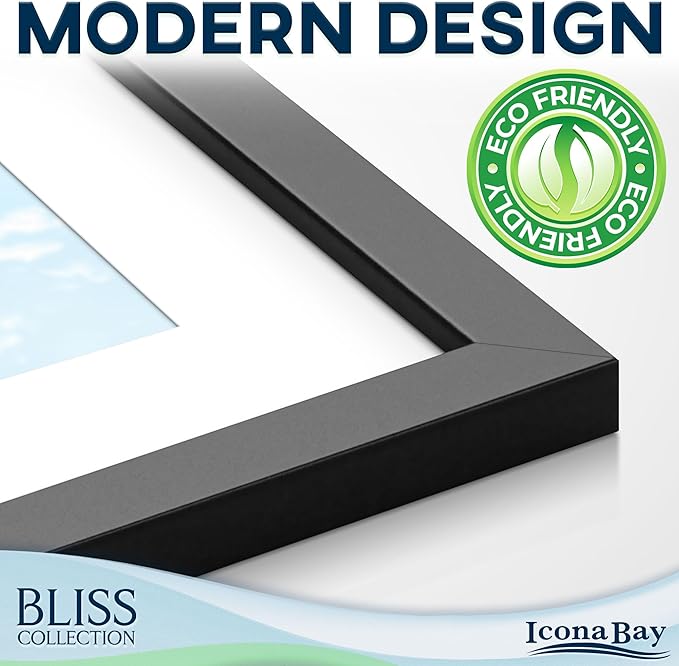 Icona Bay - 12x12 Black Picture Frame with Removable Mat to 8x8 Photo - Modern Style Engineered Wood Poster Frame - Wall Mount Only - Bliss Collection