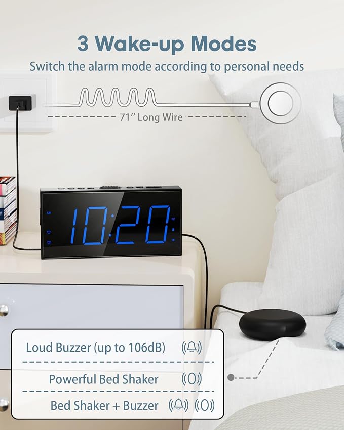Alarm Clock with Bed Shaker, Vibrating Alarm Clock for Heavy Sleepers | Dual Alarms, 7.5’’ LED Display, Dimmer, USB Charging Port, Memory Function, Plug in Vibrator Clock for Hard of Hearing/Deaf - Image 2
