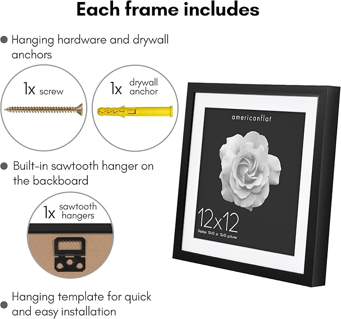 Americanflat 12x12 Picture Frame with Polished Plexiglass - Use as 10x10 Frame with Mat or Display 12x12 Photo Without Mat - Soho Collection - Deep Molding Square Frames for Wall Display - Black