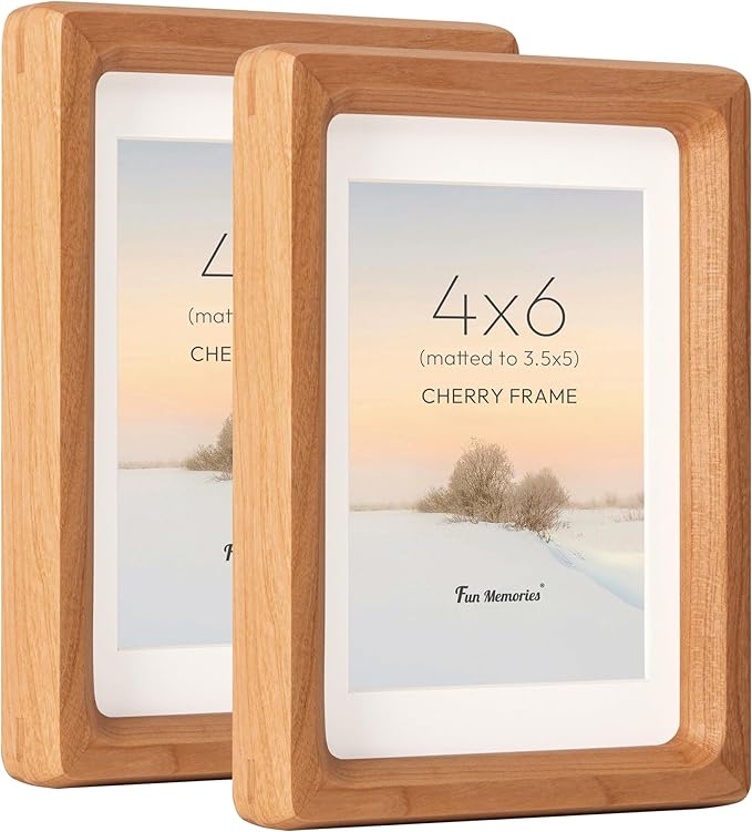 4x6 Picture Frame Set of 2, USA-Sourced Cherry Wood Photo Frames with HD Tempered Glass, Handcrafted Rounded Corner 4 x 6 Wooden Frame Matted to 3.5x5 Photos, 4x6 Frames, Tabletop or Wall Display