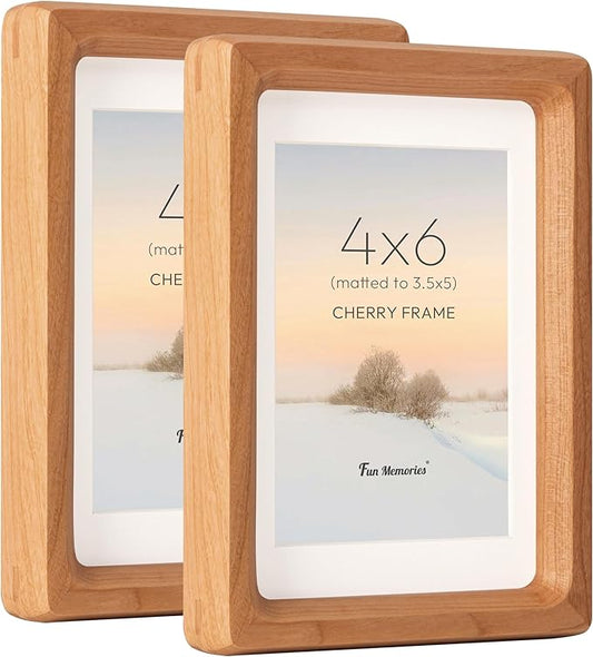 4x6 Picture Frame Set of 2, USA-Sourced Cherry Wood Photo Frames with HD Tempered Glass, Handcrafted Rounded Corner 4 x 6 Wooden Frame Matted to 3.5x5 Photos, 4x6 Frames, Tabletop or Wall Display