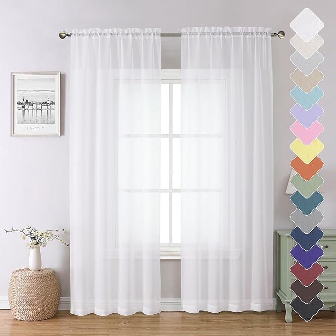 Lecloud White Sheer Curtains 84 Inch Length 2 Panels Set, Airy Voile Window Curtain Panels, Elegant Light Filtering Curtains for Living Room Bedroom Decor with Rod Pocket, Each Panel 42 X 84 Inch