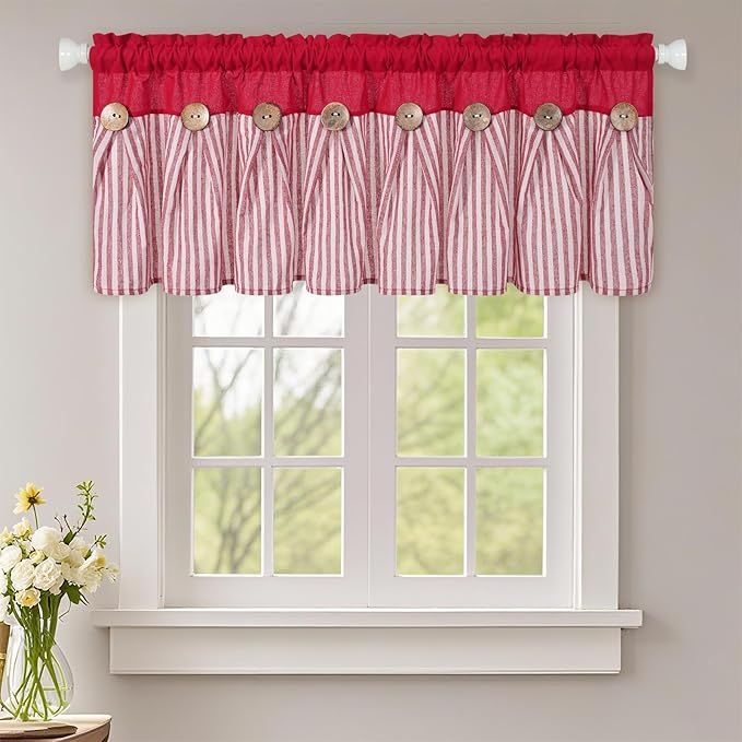 ASPMIZ Farmhouse Cotton Linen Valances for Windows, Boho Kitchen Curtains Valances with Rustic Button, Red Striped Window Treatments Curtain Valance for Bathroom Cafe, 52 x 18 Inch, 1 Pannel