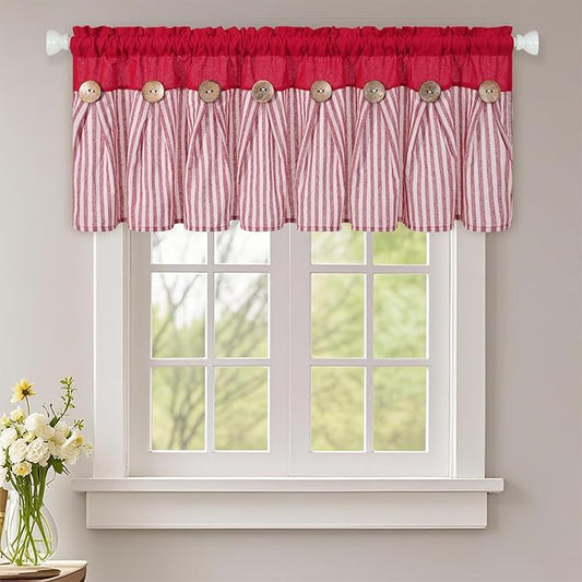 ASPMIZ Farmhouse Cotton Linen Valances for Windows, Boho Kitchen Curtains Valances with Rustic Button, Red Striped Window Treatments Curtain Valance for Bathroom Cafe, 52 x 18 Inch, 1 Pannel