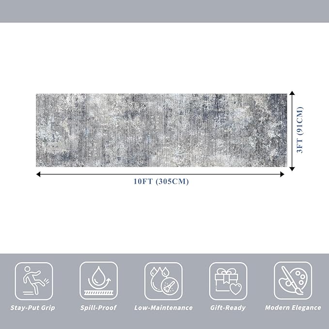 3x10 ft Long Hallway Runner Rug – Non-Slip Washable Kitchen Floor Rug with Rubber Backing, Modern Low Pile Thin Wide Carpet Runners for Bedroom, Entryway Indoor（Blue Grey,3x10）