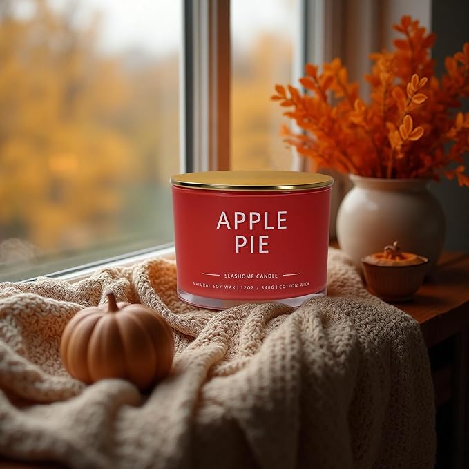 Apple Pie Scented Candle, Luxury Large 3 Wick Soy Candle 12 Oz, 60+ Hour Long Lasting Clean Burn, Elegant Aromatherapy Home Decor, Housewarming & Birthday Gift for Men & Women