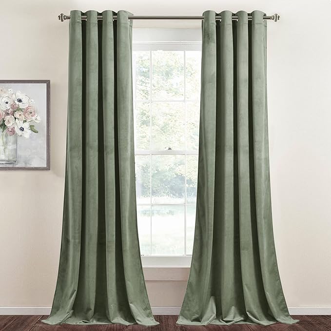 StangH Sage Green Curtains Velvet - Grommet Living Room Curtains 96 inches Long Room Darkening Privacy Protect Window Drapes for Sliding Door/Bedroom, W52 x L96, 2 Panels