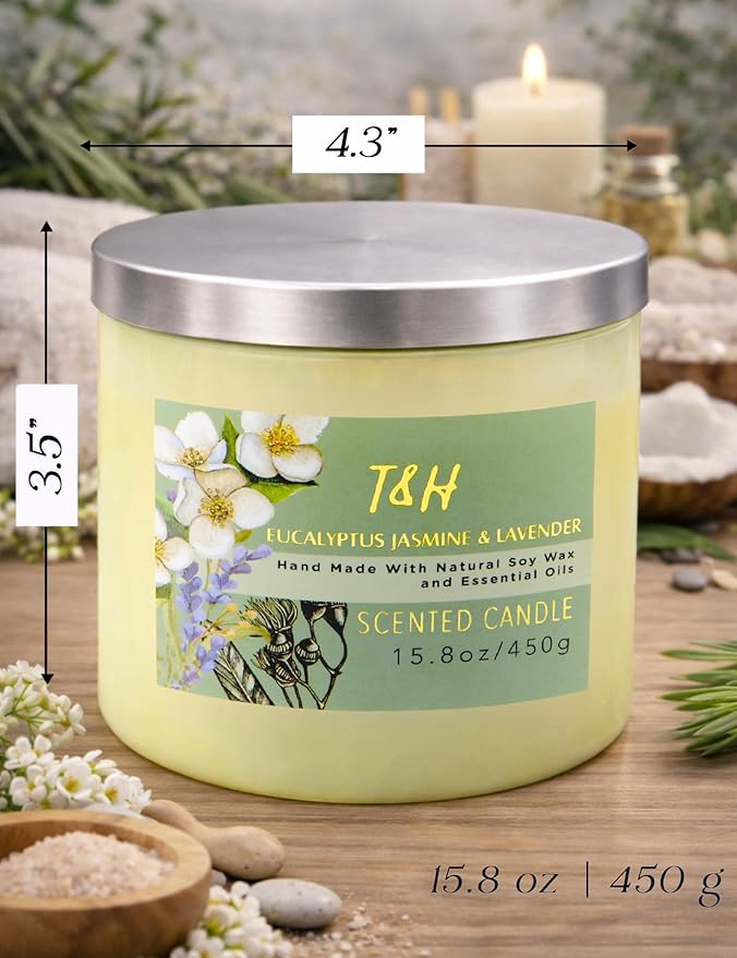 Eucalyptus Jasmine Lavender Scented Candle | 3 Wick Large Soy Candles for Home 15.8oz | Calming Spa Aromatherapy Candle | Strong Scent Long Lasting Clean Burn | Stress Relief Gift for Women & Men