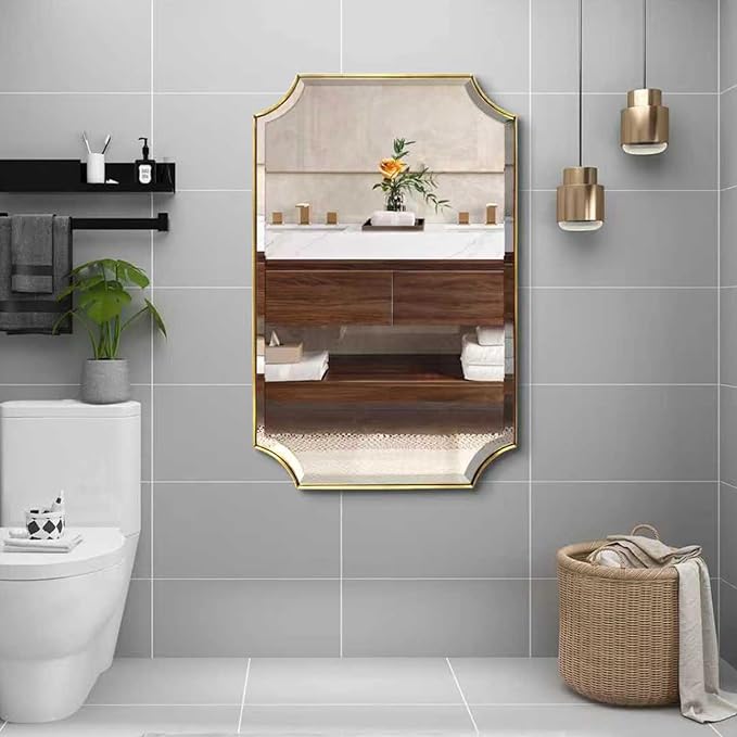 POZINO Rectangle Beveled Mirror, 24"x40" Brushed Gold Bathroom Vanity Mirrors with Stainless Steel Frame, Modern Aesthetic Wall Mirror for Hallway Entryway Living Room, Horizontal or Vertical Hanging