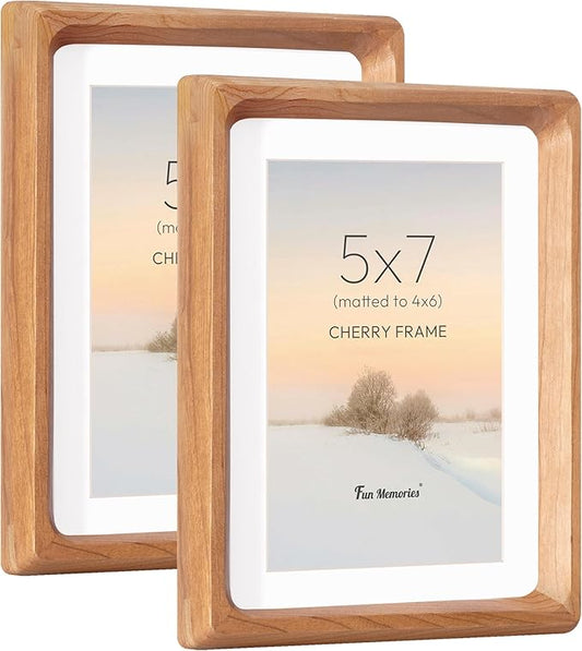 5x7 Picture Frame Set of 2, USA-Sourced Cherry Wood Photo Frame with HD Tempered Glass, Handcrafted Rounded Corner 5 x 7 Wooden Frames Matted to 4x6 Photos, 5x7 Frames, Tabletop or Wall Display