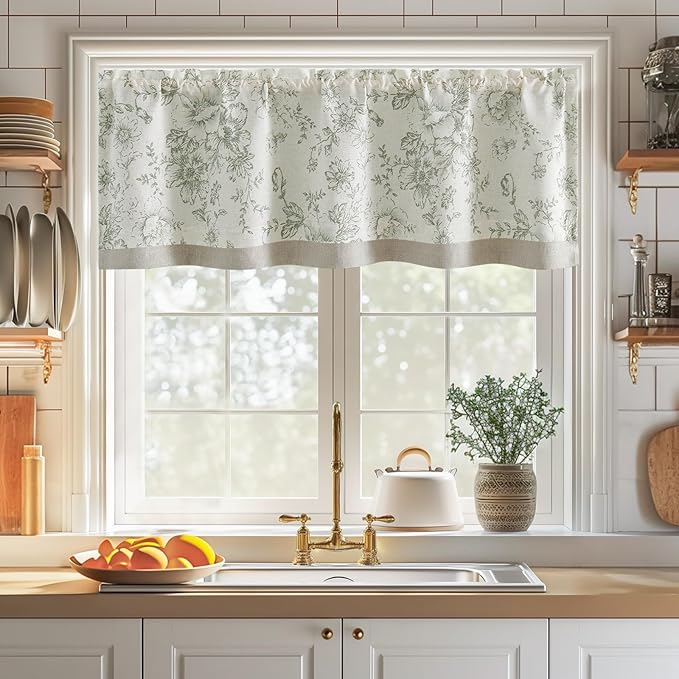 jinchan Linen Floral Valance Double Layer Kitchen Window Curtain Green Flower on Beige Valance for Living Room Cafe Farmhouse Light Filtering Rustic French Country Sage 16 Inch Rod Pocket 1 Panel
