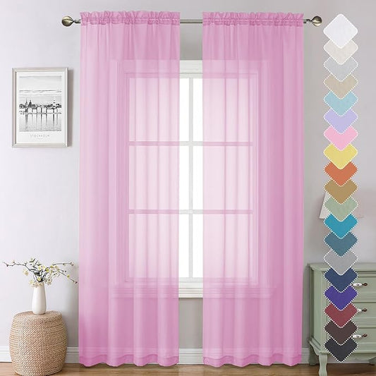 Lecloud Light Pink Sheer Curtains 90 Inches Long 2 Panels, Farmhouse Voile Living Room Drapes with Dual Rod Pocket, Elegant Airy Semi Sheer Curtains for Bedroom, Each Panel 42 X 90 Inch