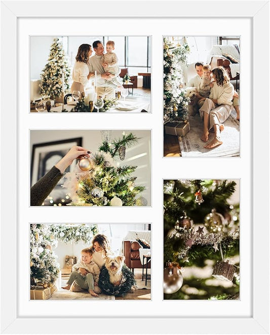 Golden State Art, 11x14 White Wood Frame with White Mat - Displays Five 4x6 Photos - Real Glass, Sawtooth Hangers, Swivel Tabs - Wall Mounting, Landscape, Portrait