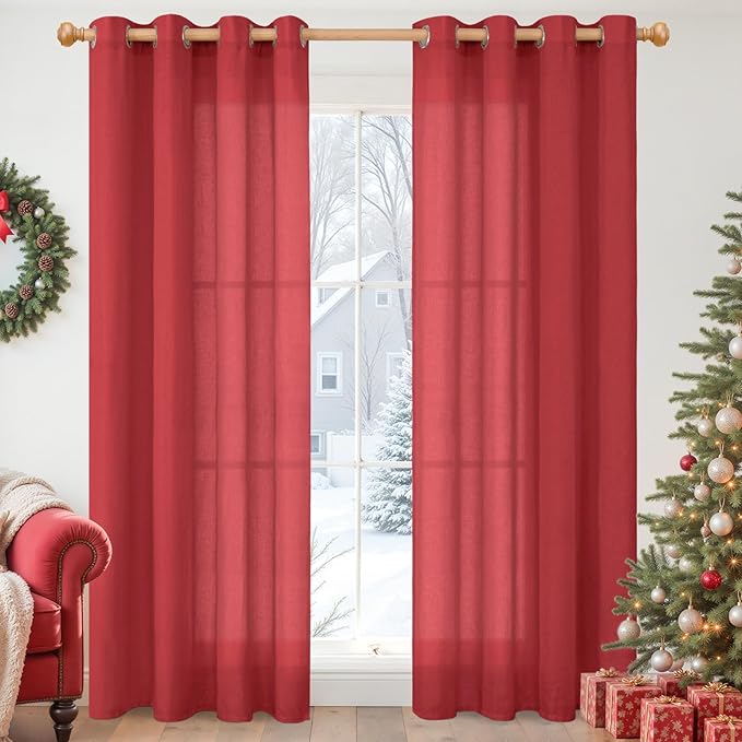 YoungsTex Red Linen Curtains 80 Inches Long for Living Room, Light Filtering Drapes with Grommet Semi Sheer Privacy for Bedroom Dining Room, 2 Panels, 52 X 80 Inch